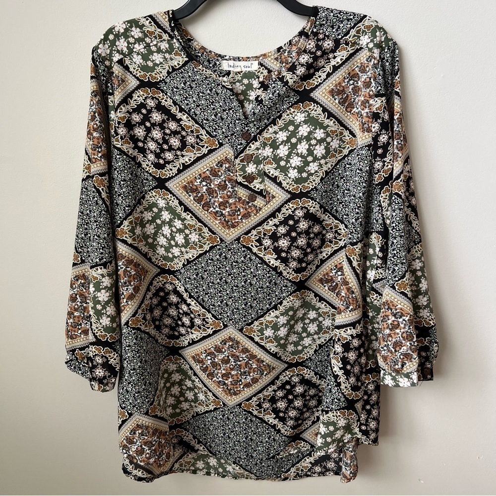 Indigo Soul Floral Tunic Top Flowy Button Front Back Pleat Hippie Boho Multi 2XL